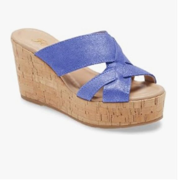FOWT Blue Cork Wedge Sandals Cross Strappy High Platform Open Toe Slippers - Picture 1 of 8